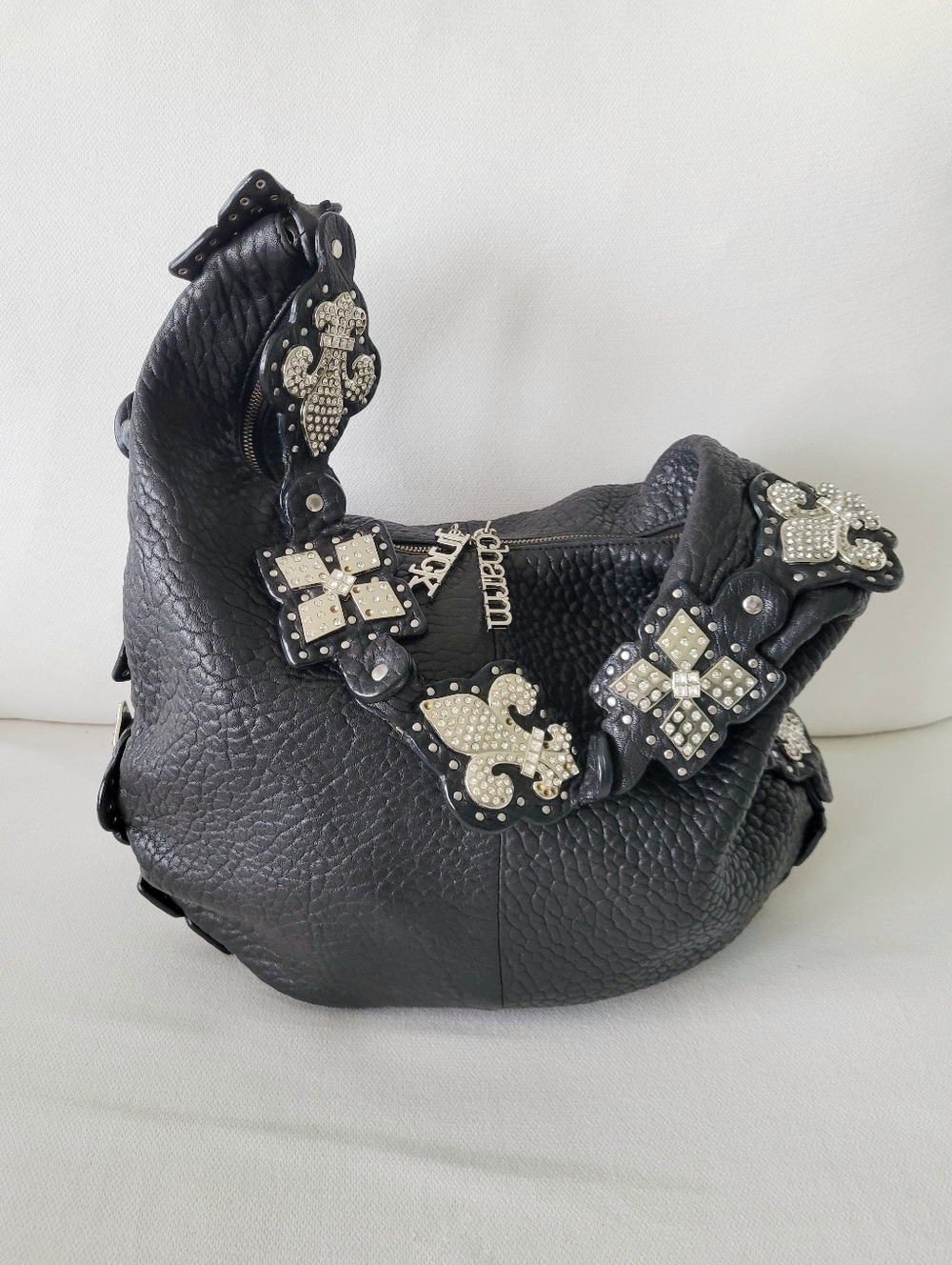 CHARM AND LUCK Black Leather Hobo Shoulder Satchel Purse